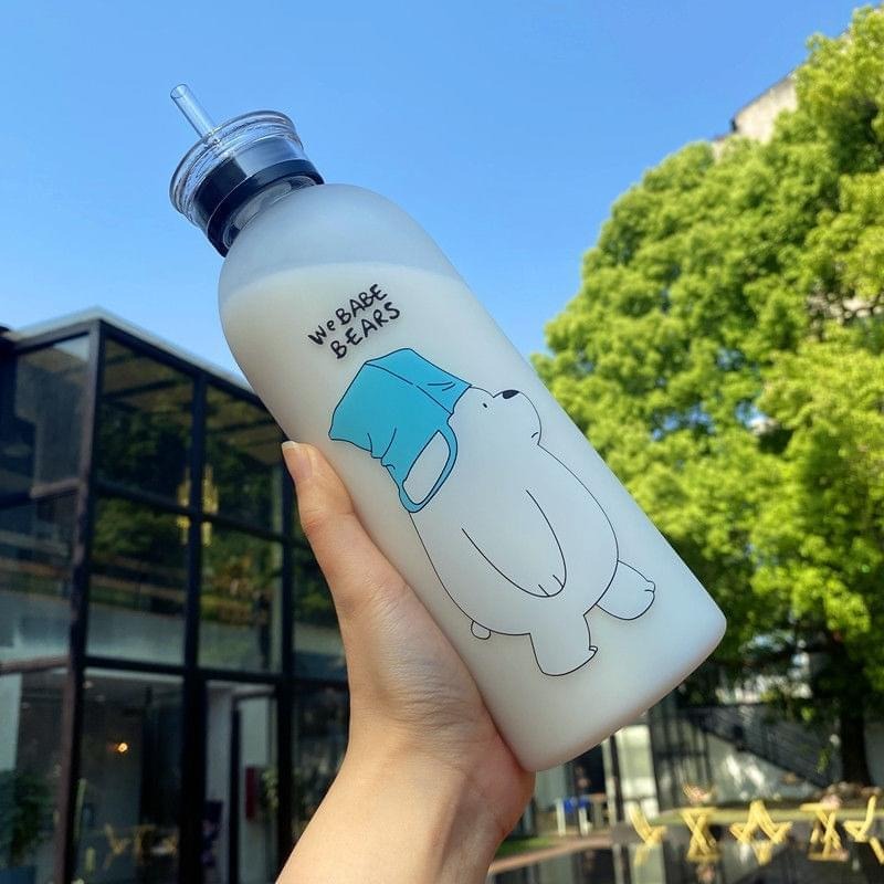We Bare Bears Panda Water Bottle 1000ml – Cute Cartoon Straw Bottle