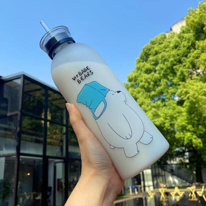 We Bare Bears Panda Water Bottle 1000ml – Cute Cartoon Straw Bottle