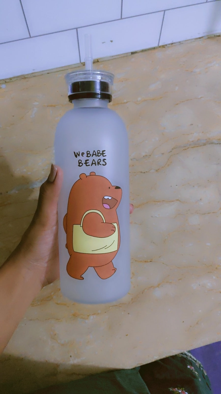 We Bare Bears Panda Water Bottle 1000ml – Cute Cartoon Straw Bottle
