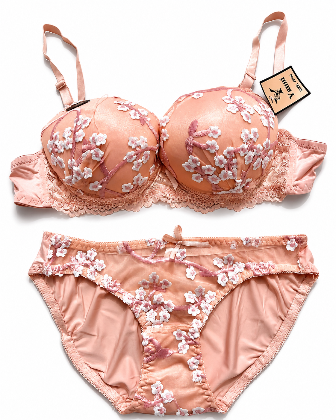 Women's Peach Lace Embroidered Lingerie Set with Matching Panty