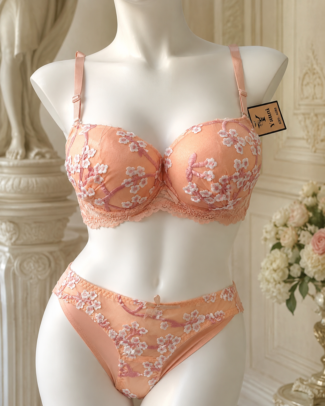 Women's Peach Lace Embroidered Lingerie Set with Matching Panty