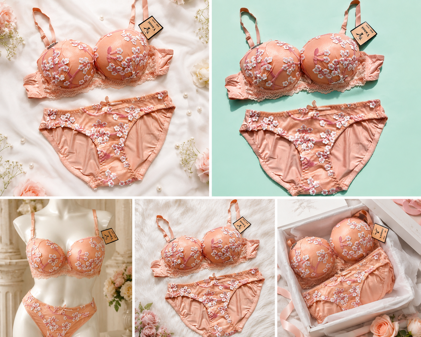 Women's Peach Lace Embroidered Lingerie Set with Matching Panty