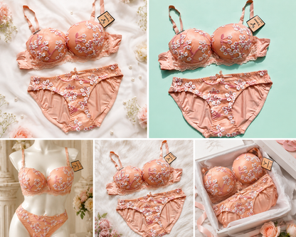 Women's Peach Lace Embroidered Lingerie Set with Matching Panty