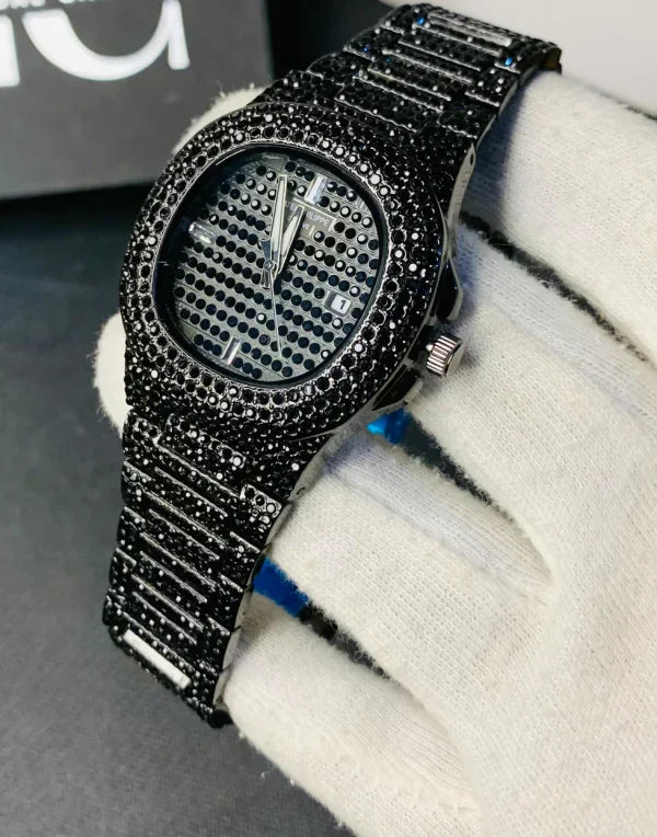 ساعة رجالية فاخرة مرصعة بحجر أسود، بسلسلة من الفولاذ المقاوم للصدأ 